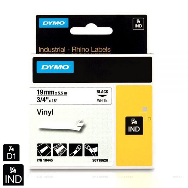 Nhãn in công nghiệp Dymo (IND) nhựa Vinyl 19mm x 5.5m – (Đen/Trắng) 18445