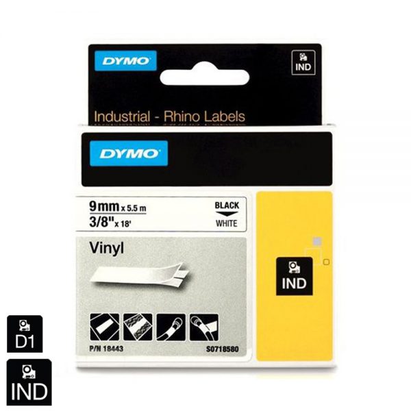 Nhãn in công nghiệp Dymo (IND) nhựa Vinyl 9mm x 5.5m – (Đen/Trắng) 18443