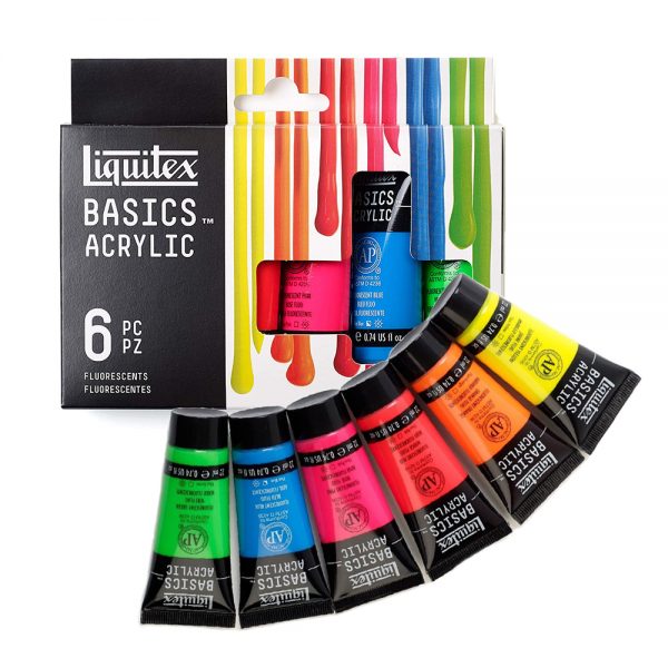 Hộp 6 màu acrylic phản quang hạng phổ thông Liquitex Basic Flurescents - Set 6 x 22ml
